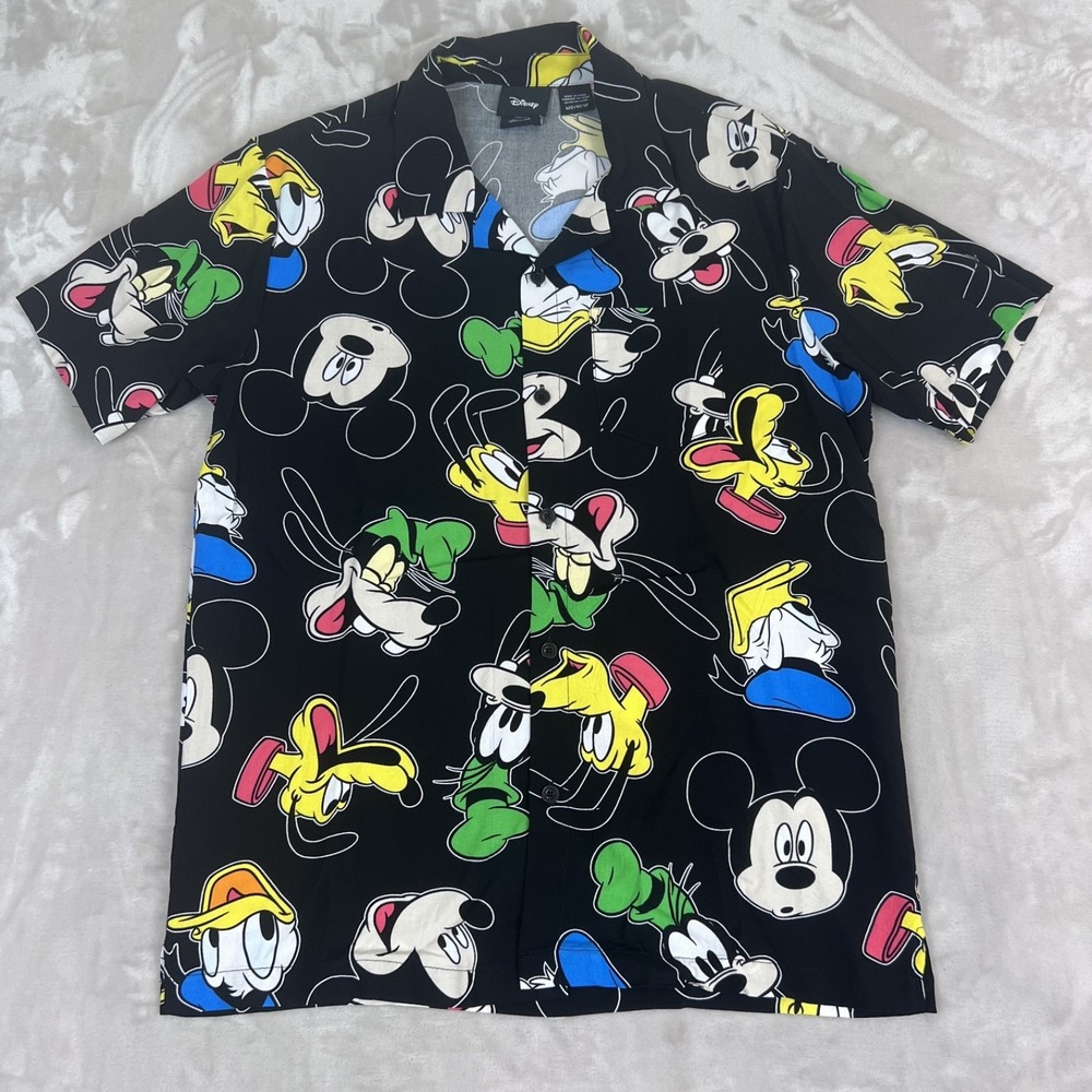 Disney Mickey Mouse & Friends Shirt Mens Medium Black Button Up AOP Lightweight